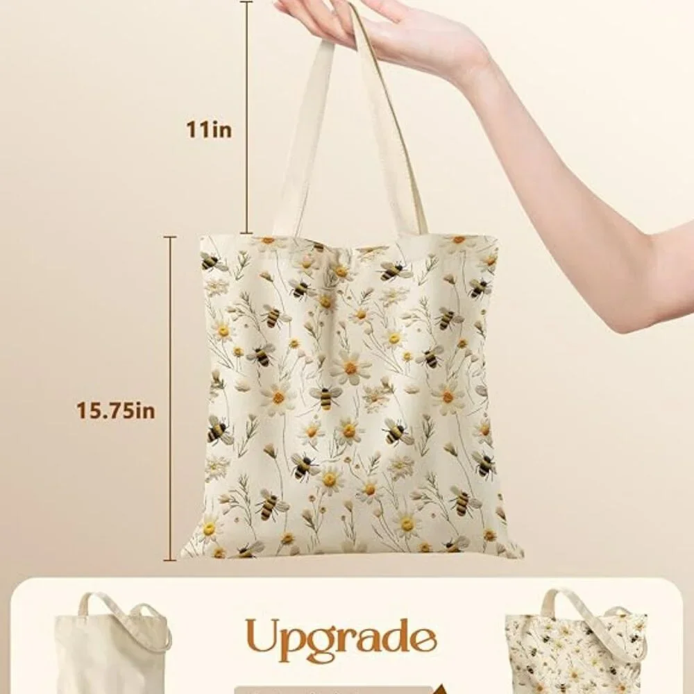 Floral Bumble Bee Canvas Tote Bag with Pockets - Aesthetic Reusable Totes - Picture 5 of 6